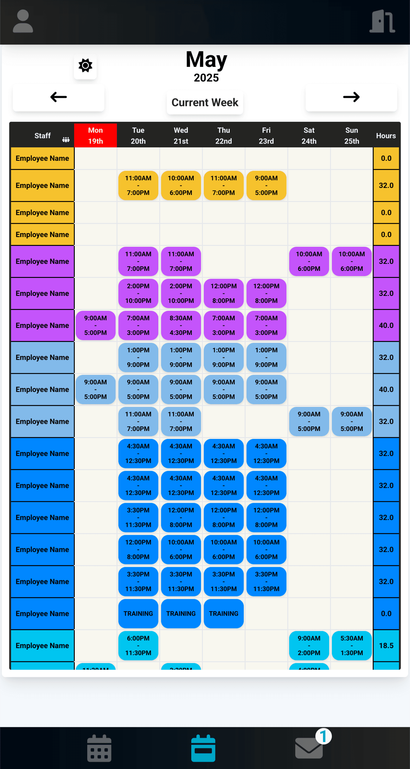 Screenshot of Cobalt Axis’ mobile layout, showing the Schedule page and tabs along the bottom